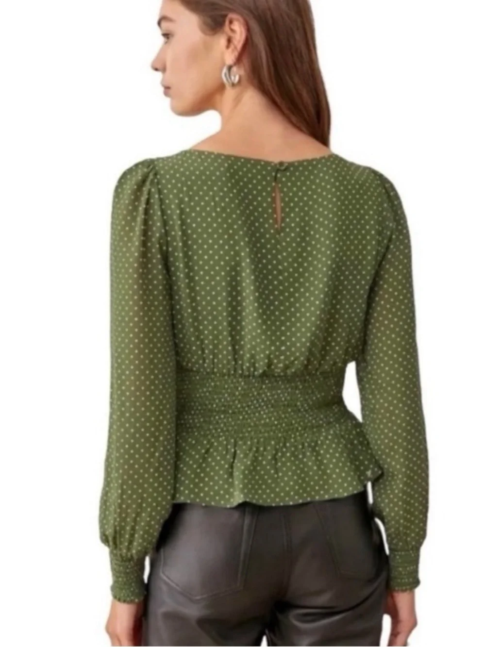 Reformation Hearth Long Sleeve Top Peat Green Polka Dot sz 8